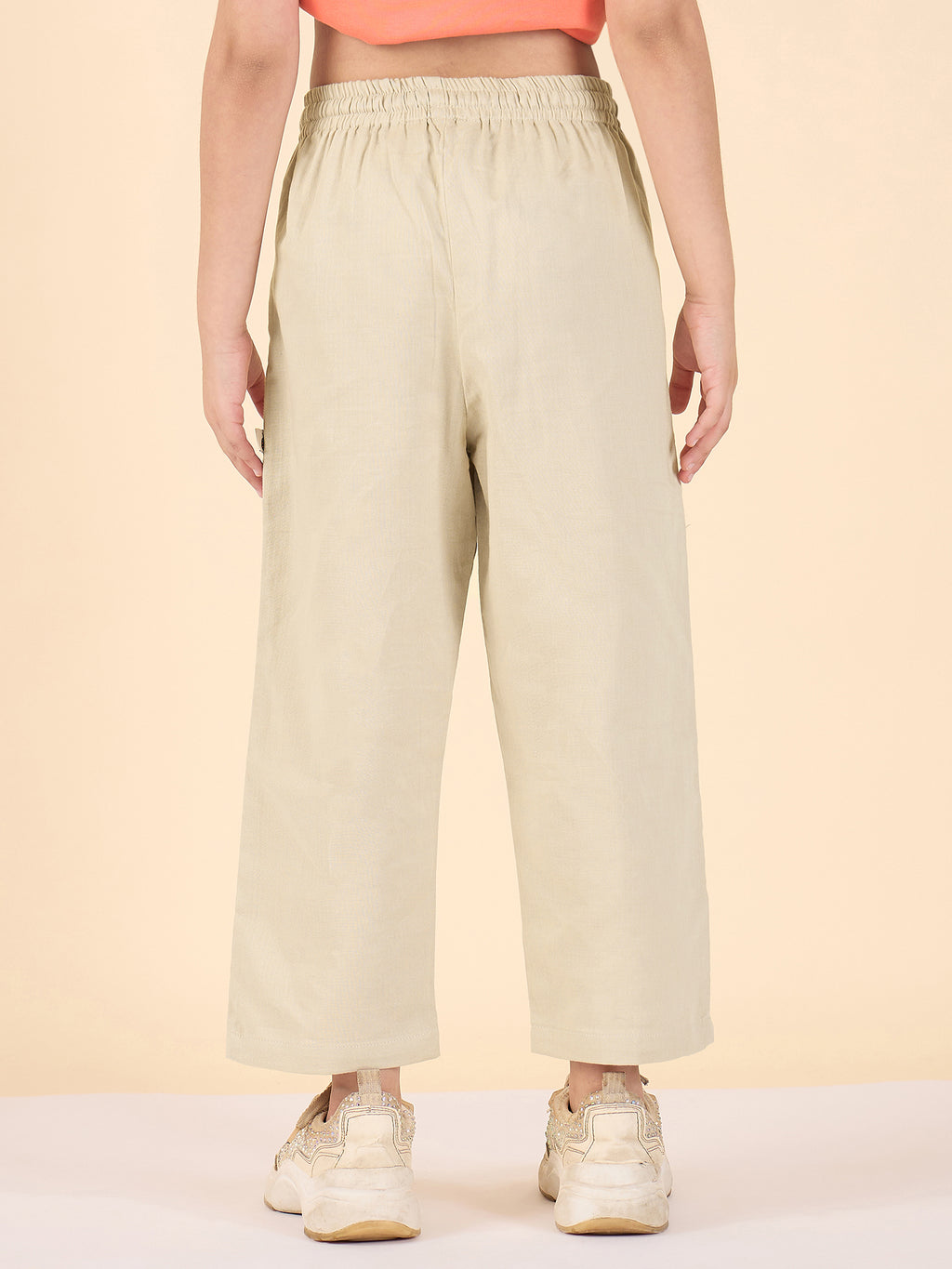 Girls Ankle Length Solid Cargo Pants - Cream