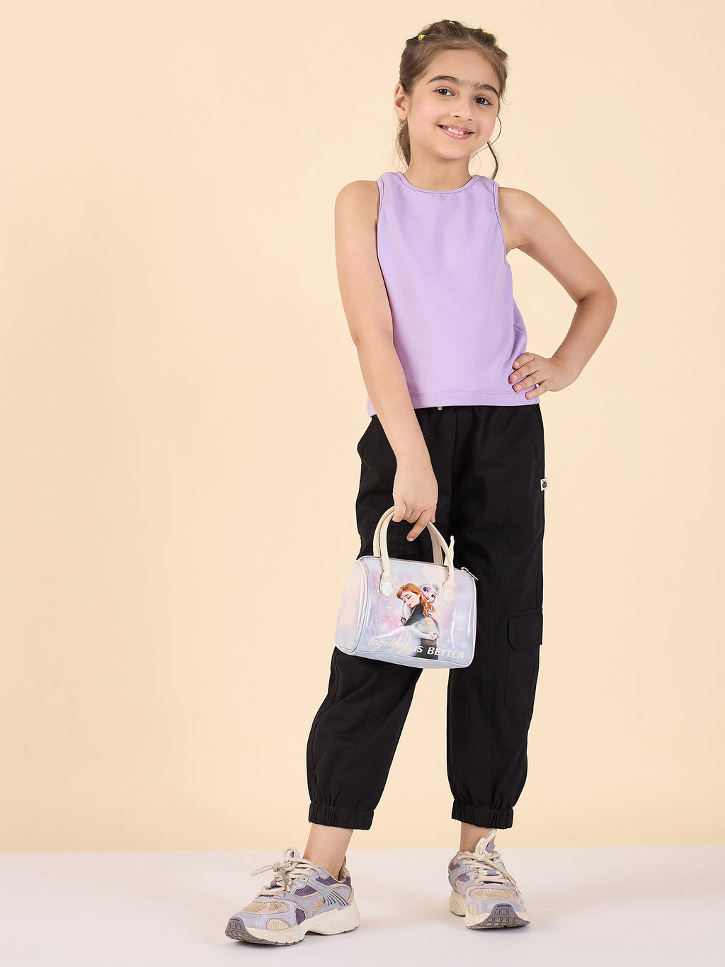 Girls Ankle Length Solid Cargo Pants - Black