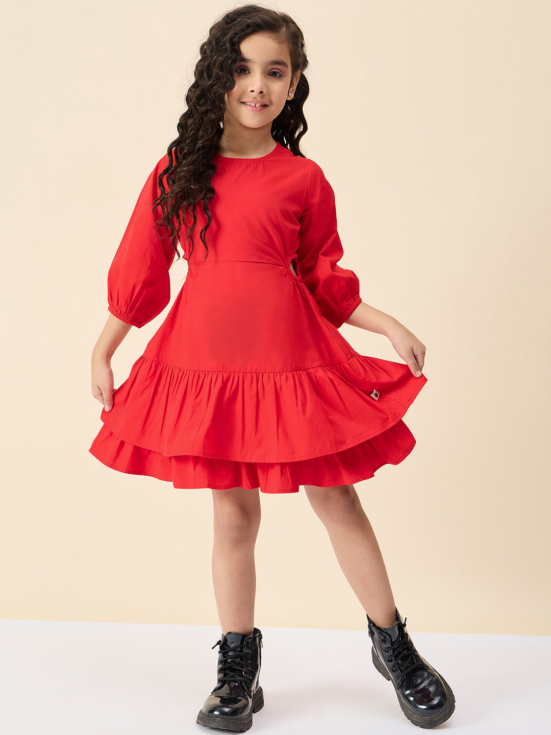 Girls Knee Length Solid Dress - Red