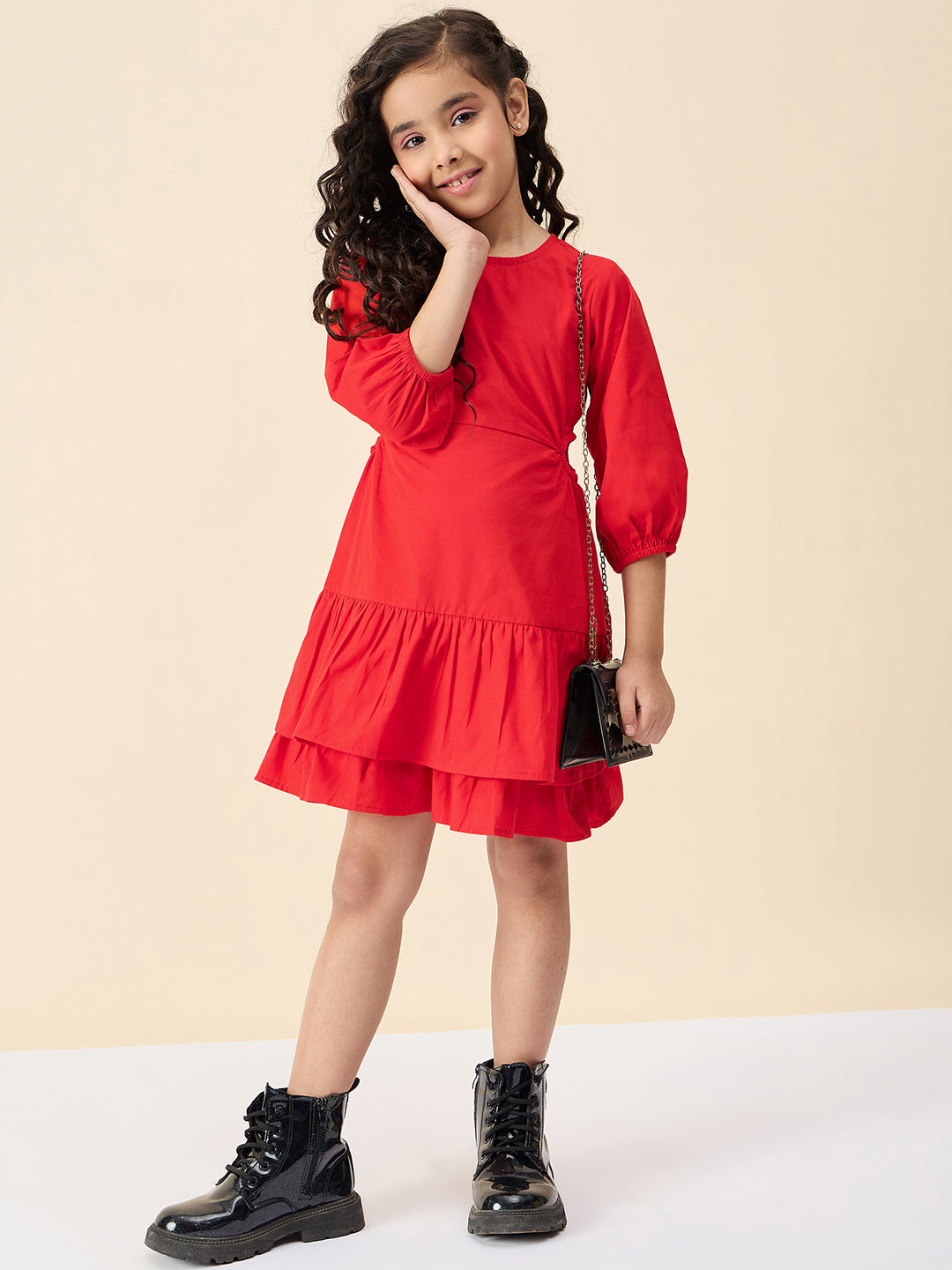 Girls Knee Length Solid Dress - Red