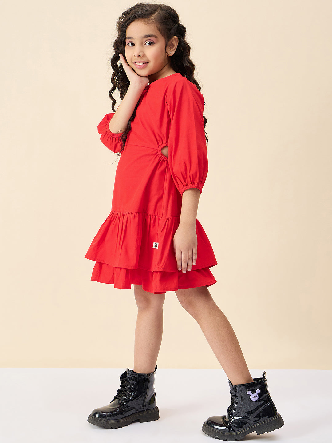 Girls Knee Length Solid Dress - Red