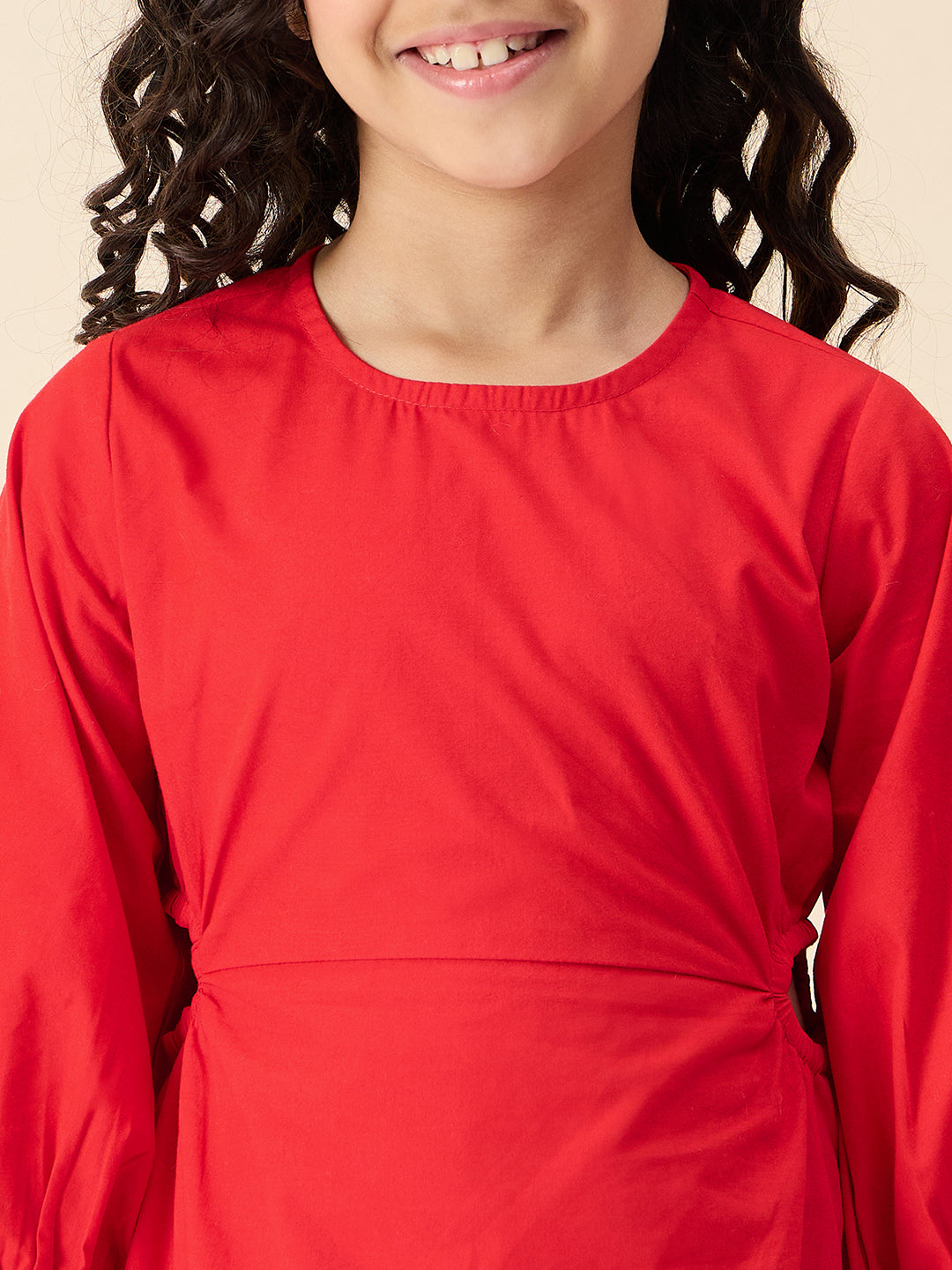 Girls Knee Length Solid Dress - Red