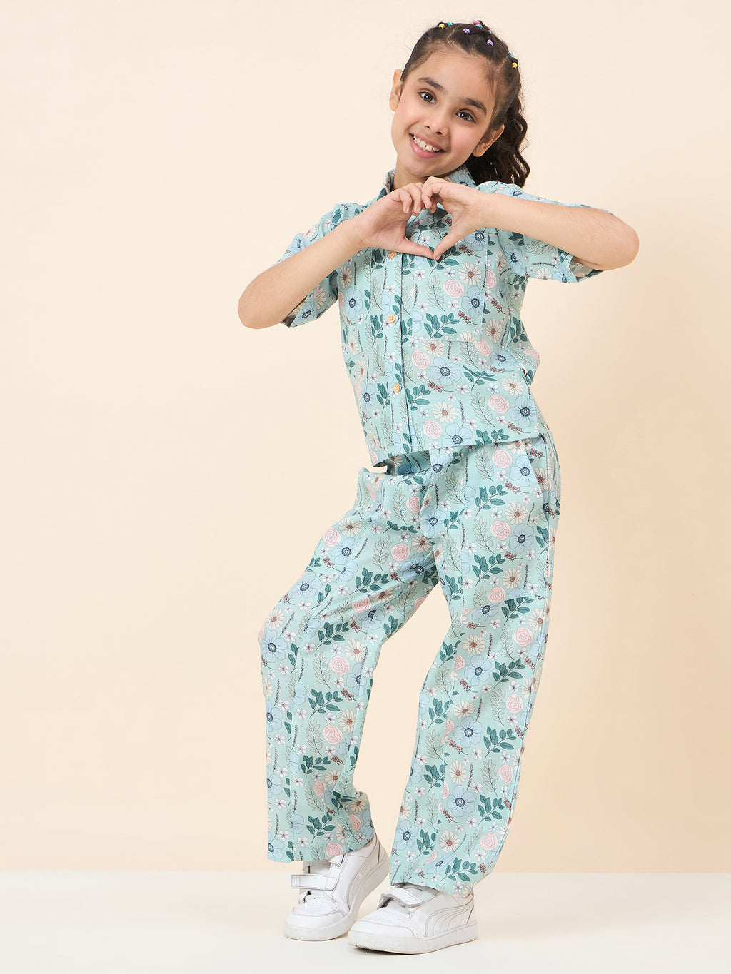 Girls Ankle Length All over Print Top With Pants - Green