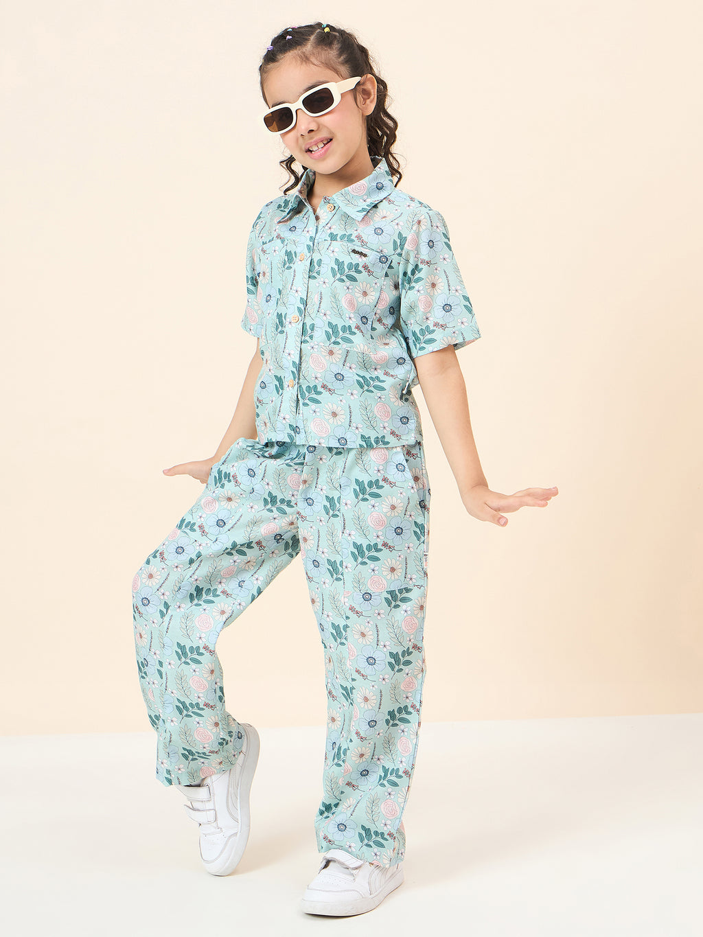 Girls Ankle Length All over Print Top With Pants - Green