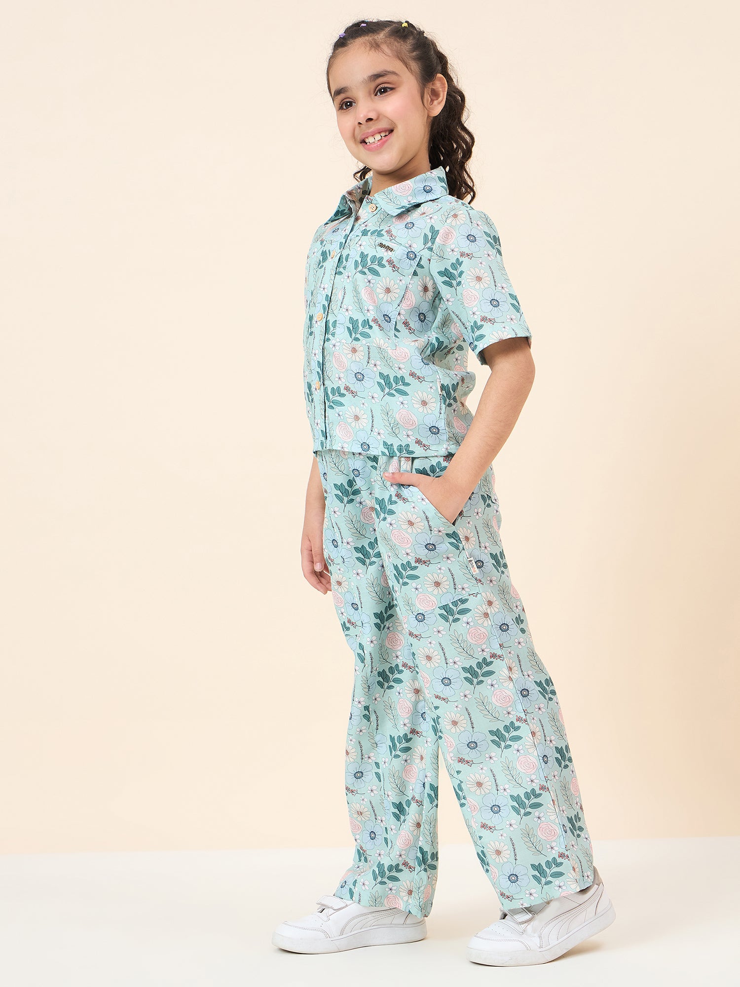 Girls Ankle Length All over Print Top With Pants - Green