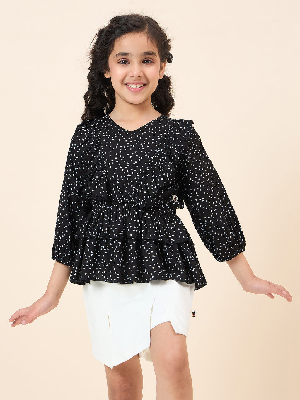 Girls Hip length All over Print Top - Black
