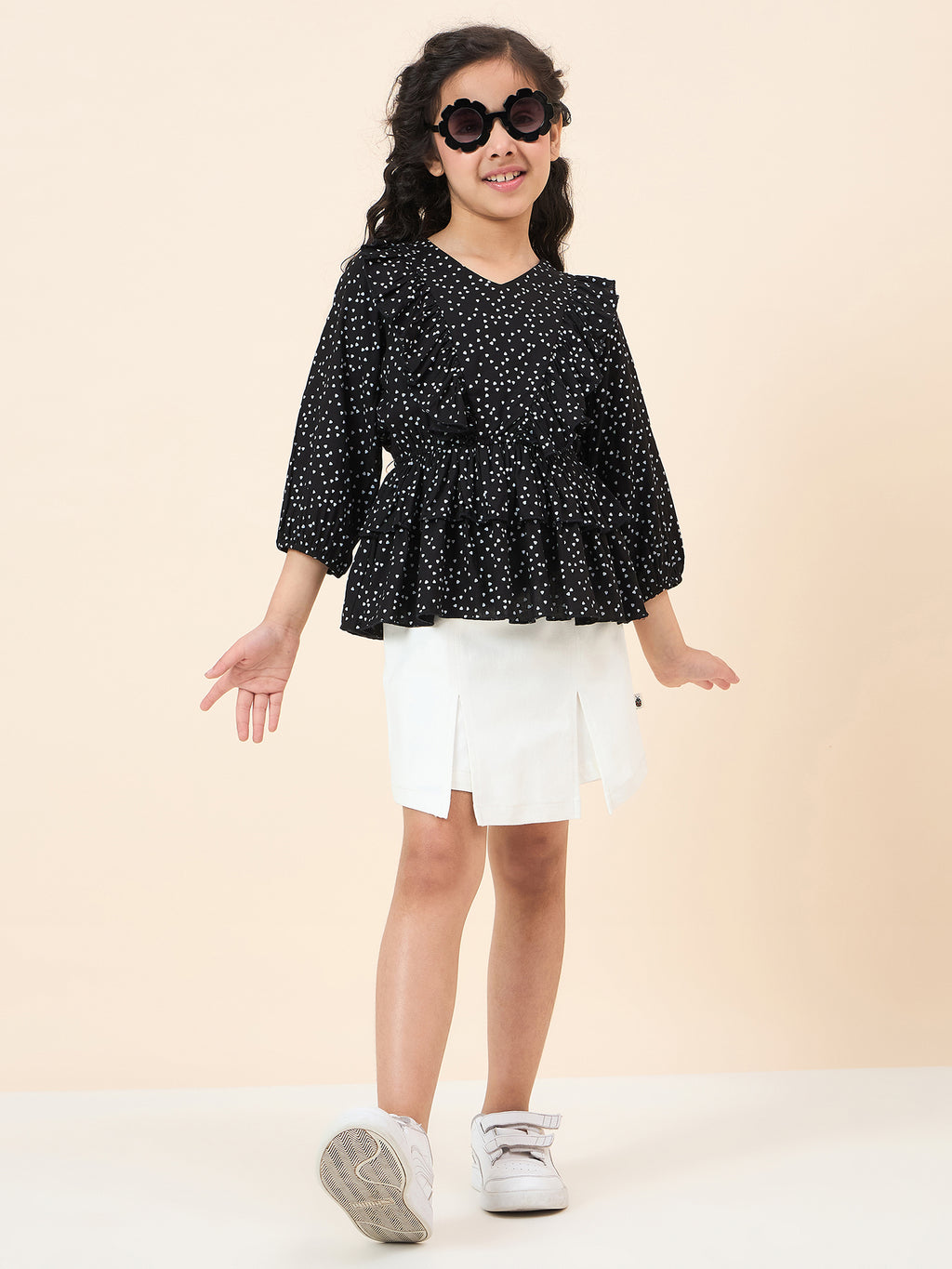 Girls Hip length All over Print Top - Black