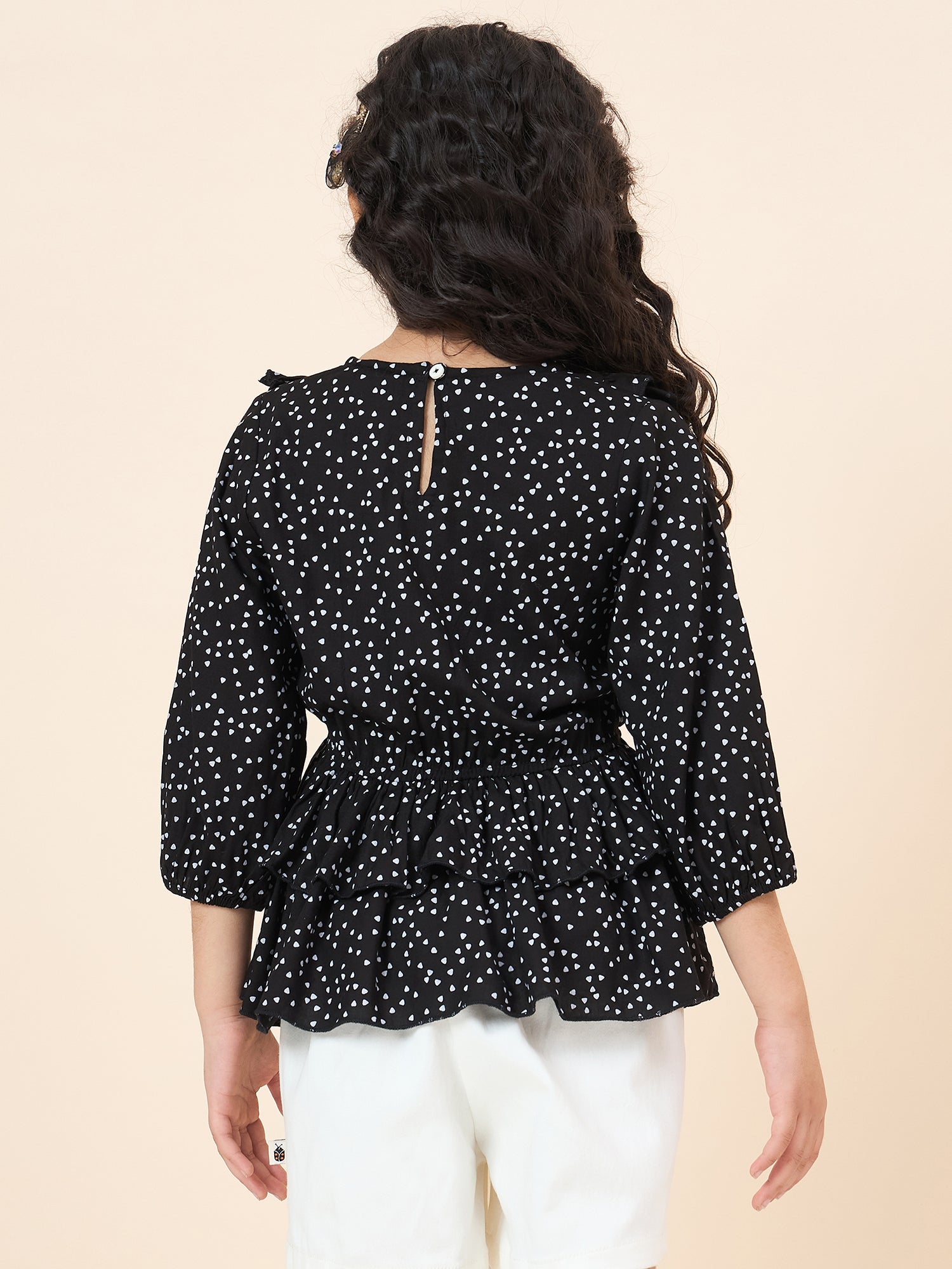 Girls Hip length All over Print Top - Black
