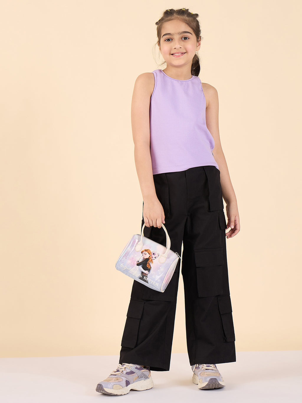 Girls Ankle Length Solid Cargo Pants - Black