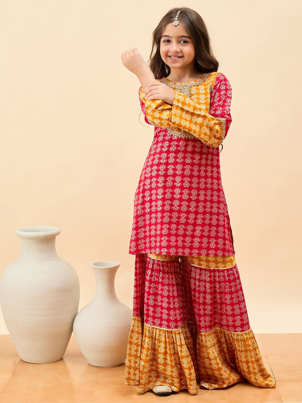 Girls Above Knee All over Print Kurti Set - Yellow