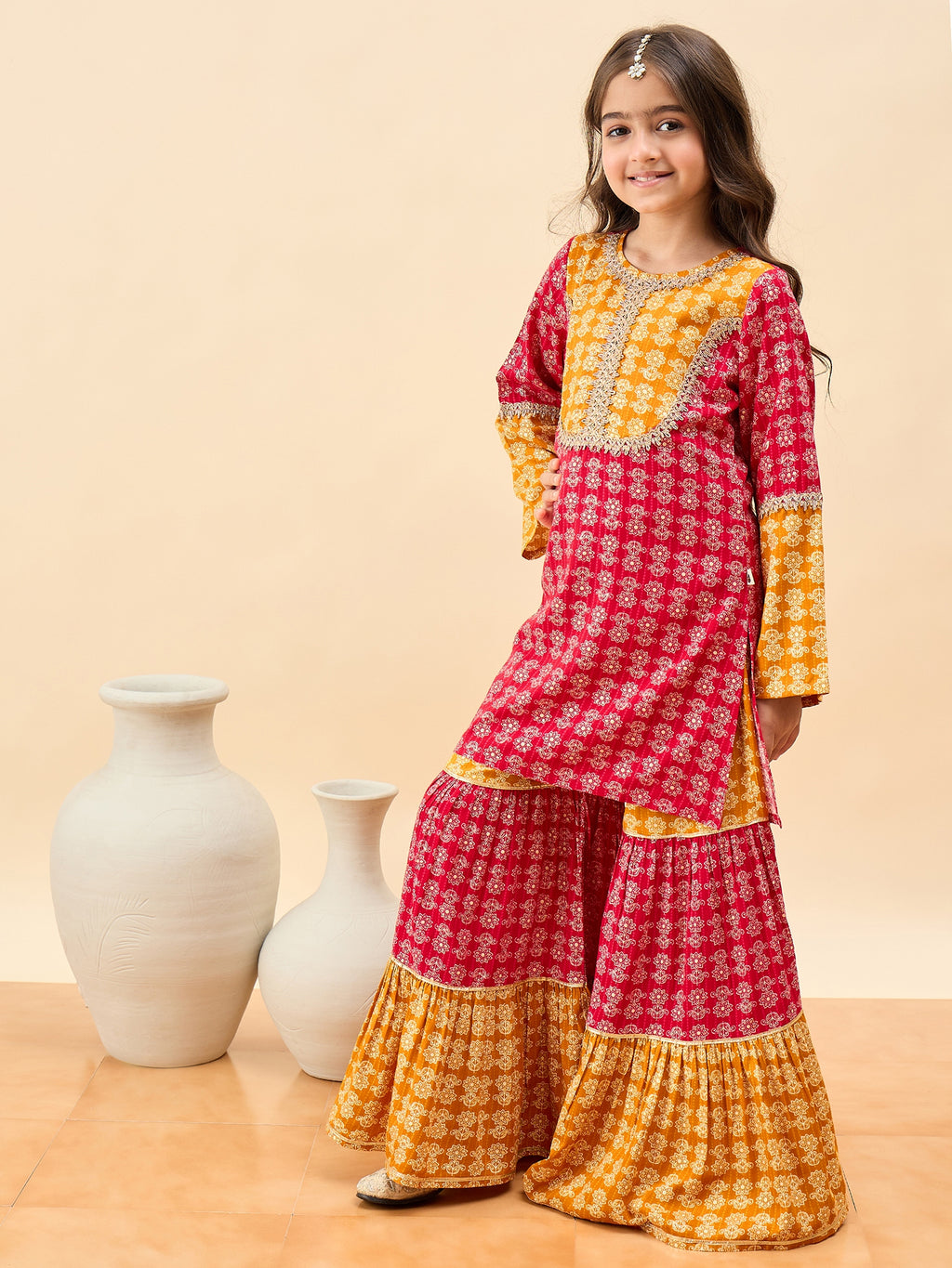 Girls Above Knee All over Print Kurti Set - Yellow