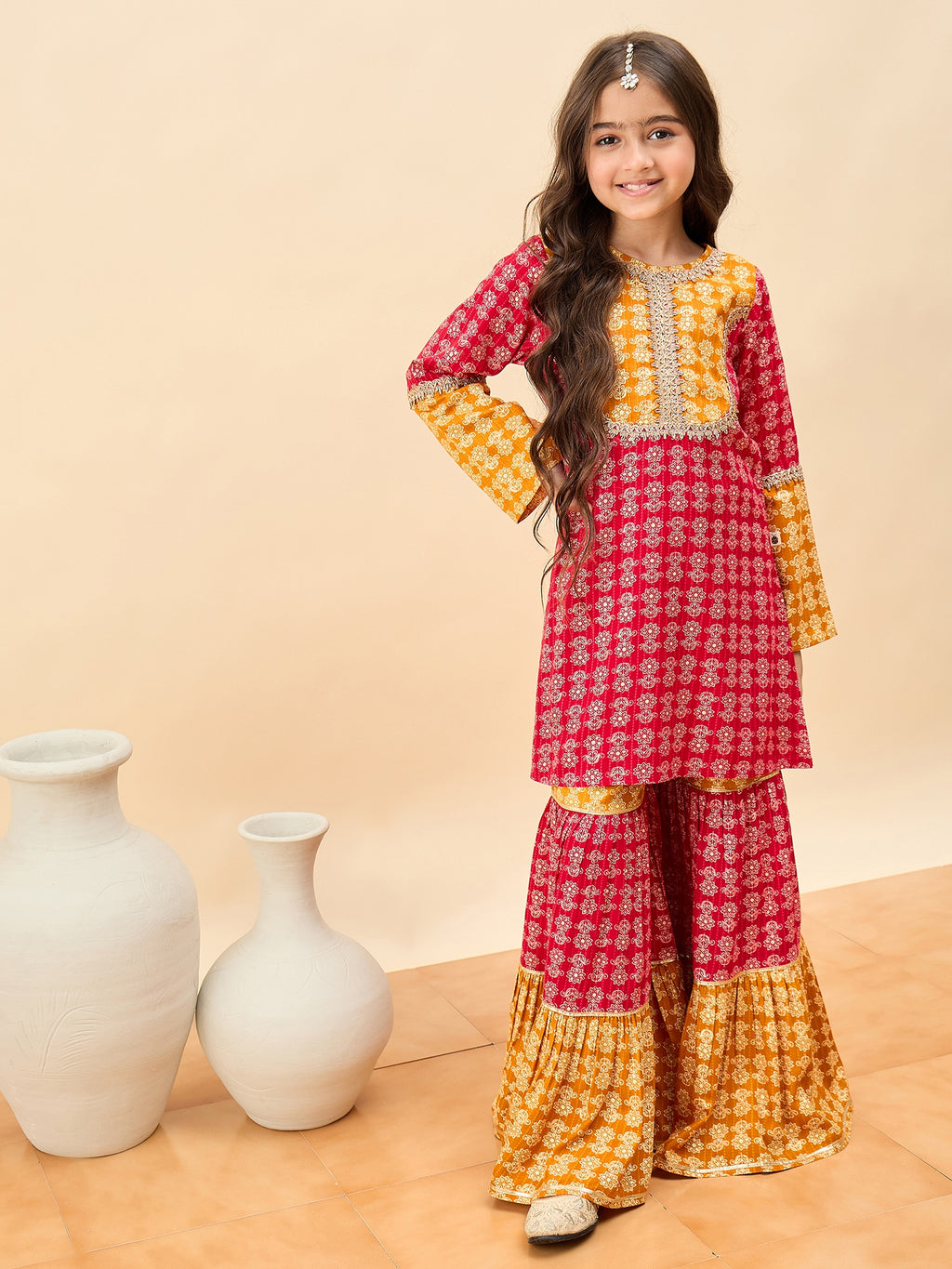 Girls Above Knee All over Print Kurti Set - Yellow