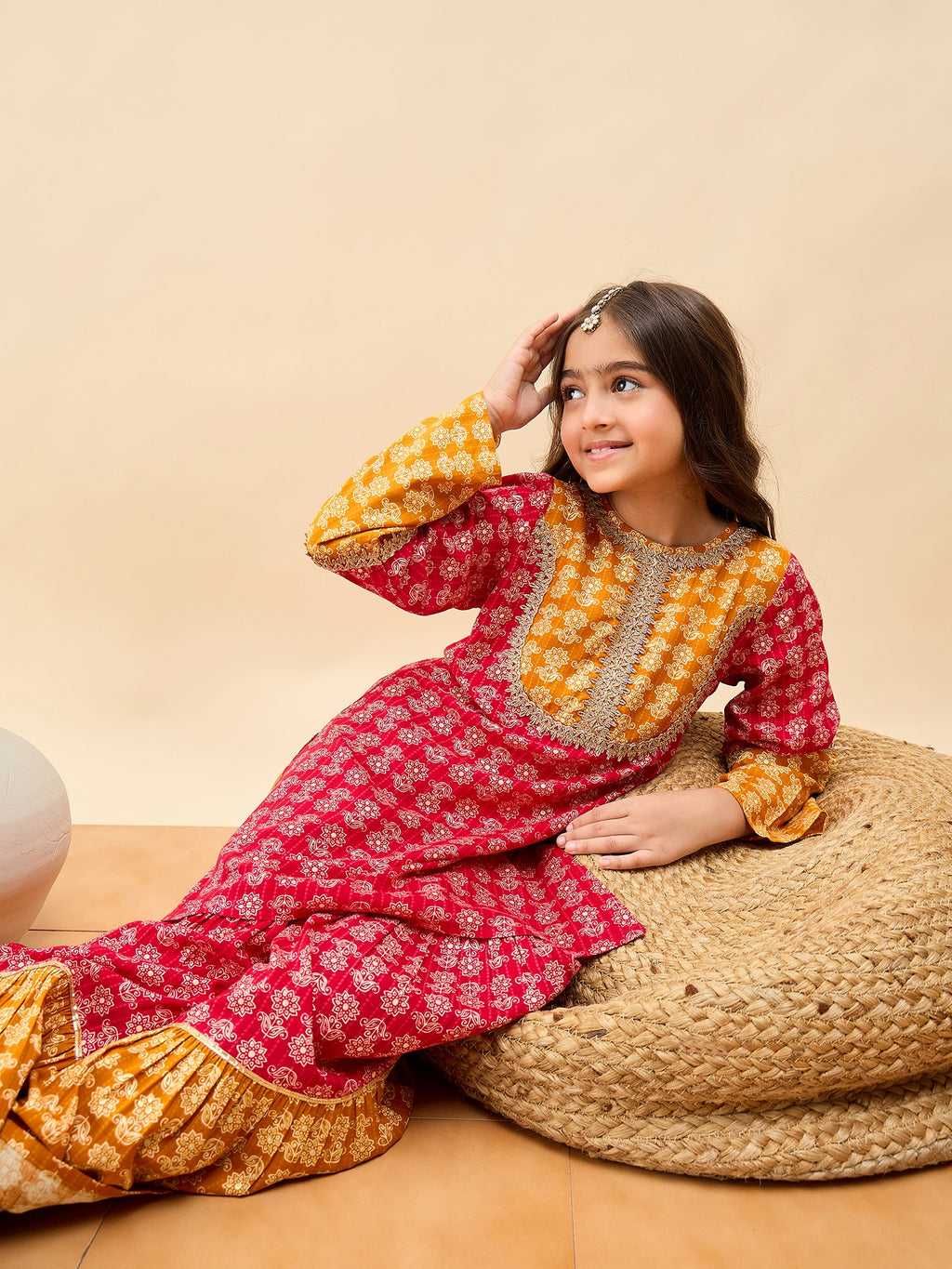 Girls Above Knee All over Print Kurti Set - Yellow