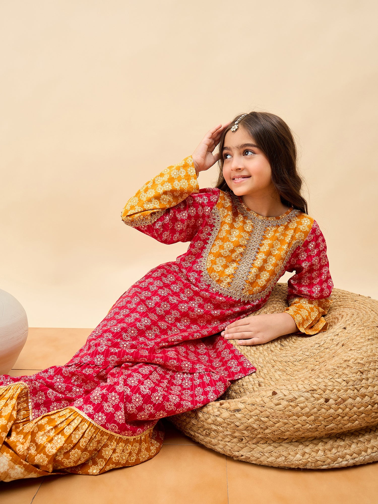 Girls Above Knee All over Print Kurti Set - Yellow