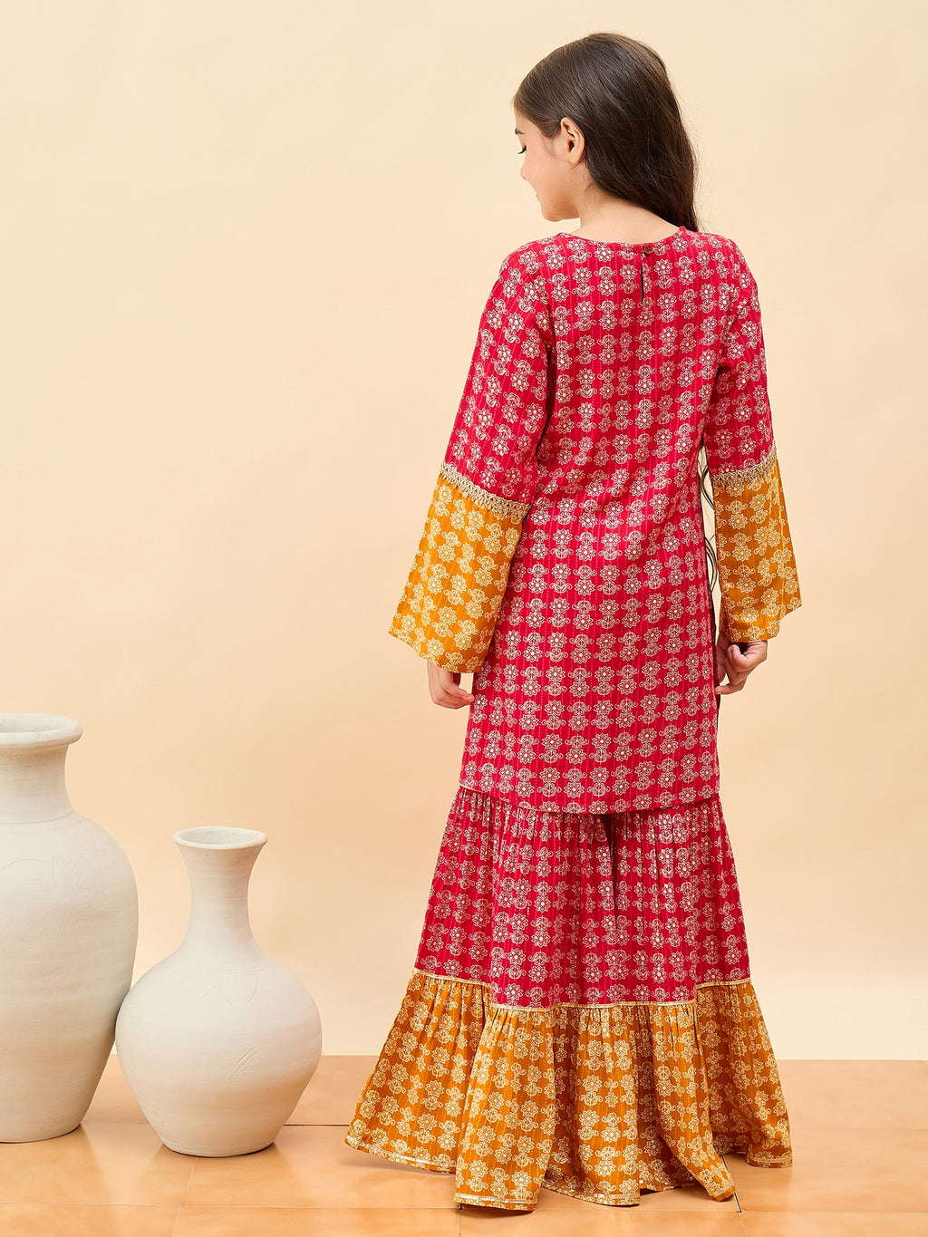 Girls Above Knee All over Print Kurti Set - Yellow