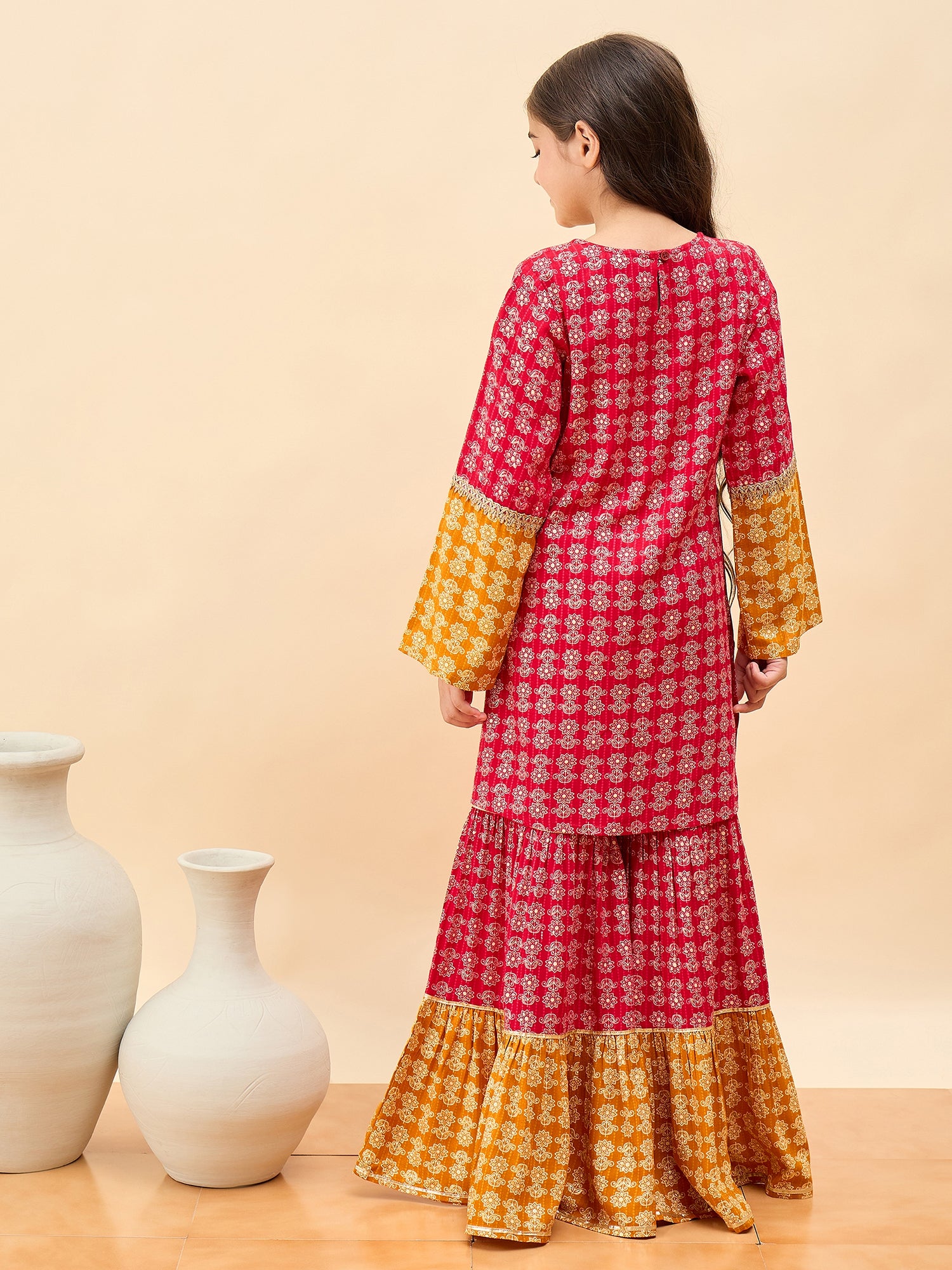 Girls Above Knee All over Print Kurti Set - Yellow