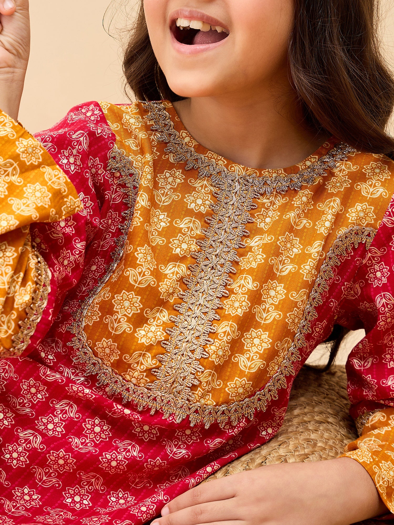 Girls Above Knee All over Print Kurti Set - Yellow