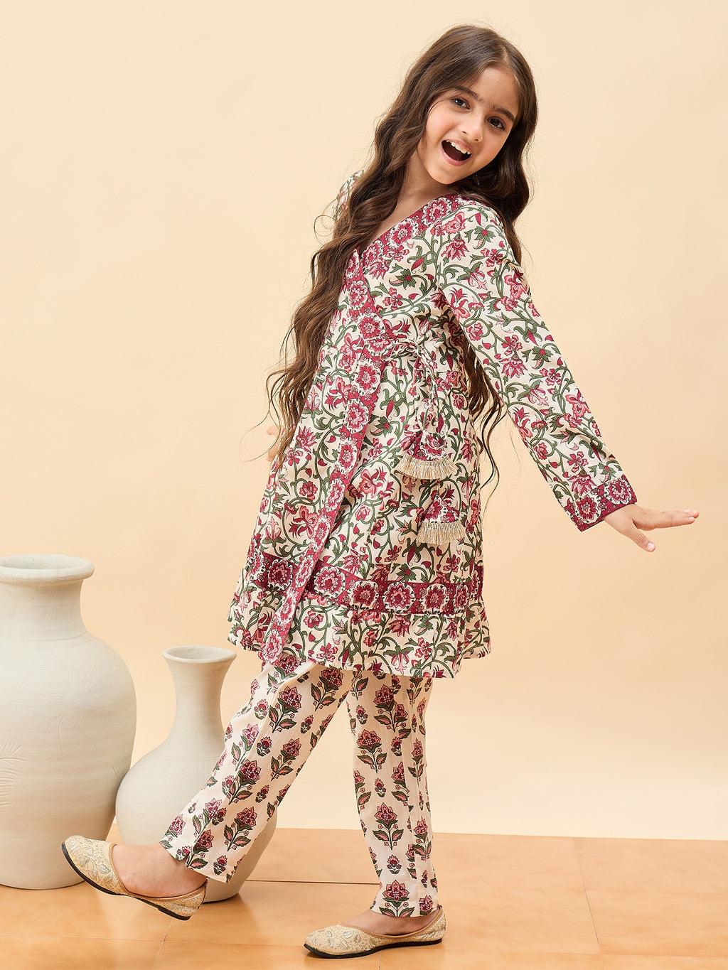 Girls Below Knee All over Print Kurti Set - Off-White