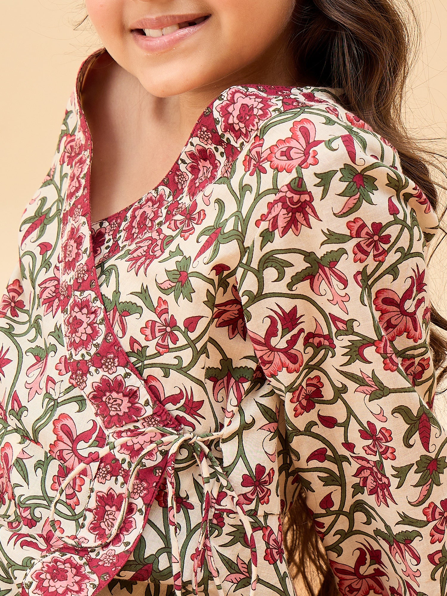 Girls Below Knee All over Print Kurti Set - Off-White