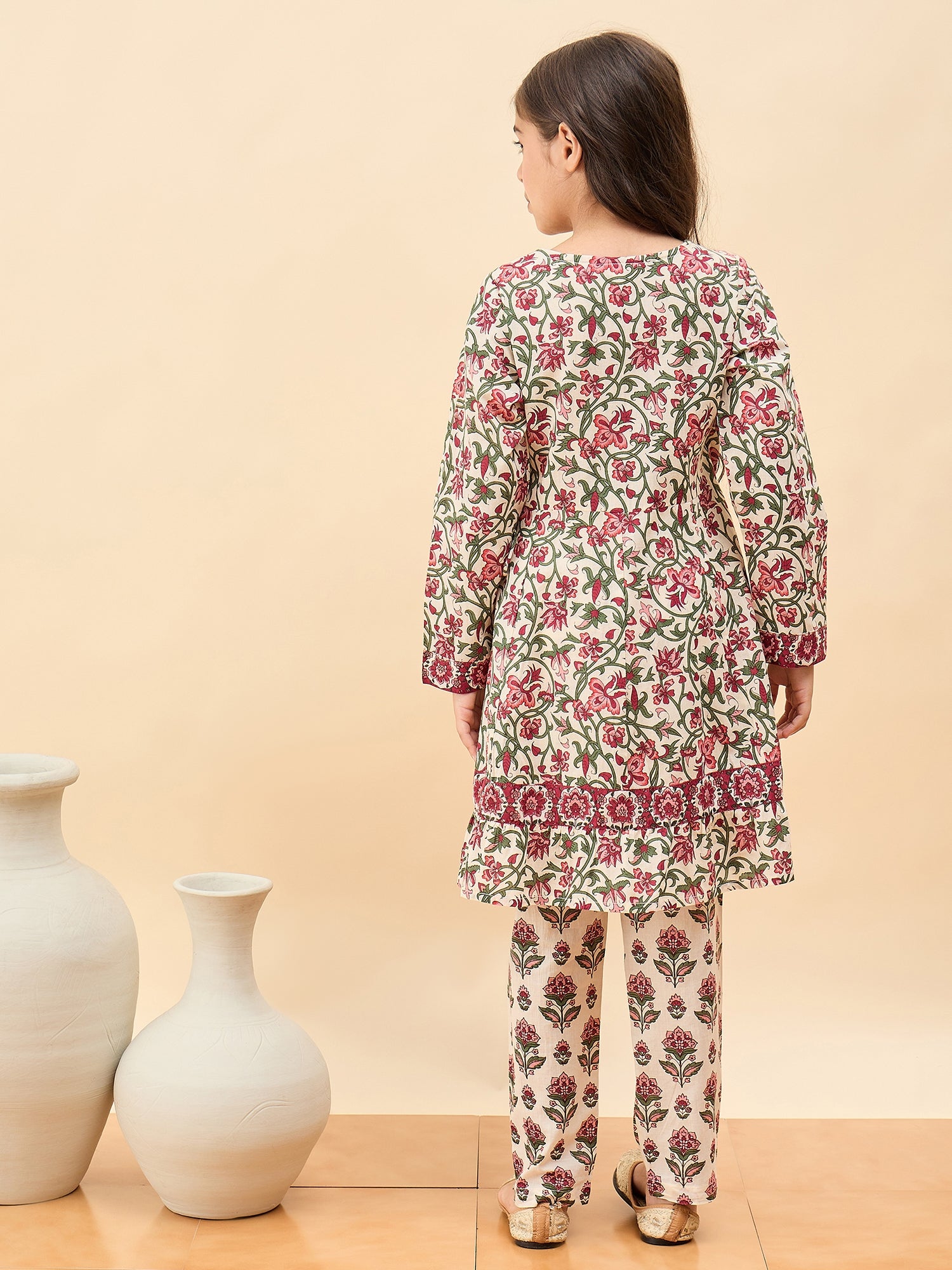 Girls Below Knee All over Print Kurti Set - Off-White