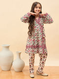 Girls Below Knee All over Print Kurti Set - Off-White