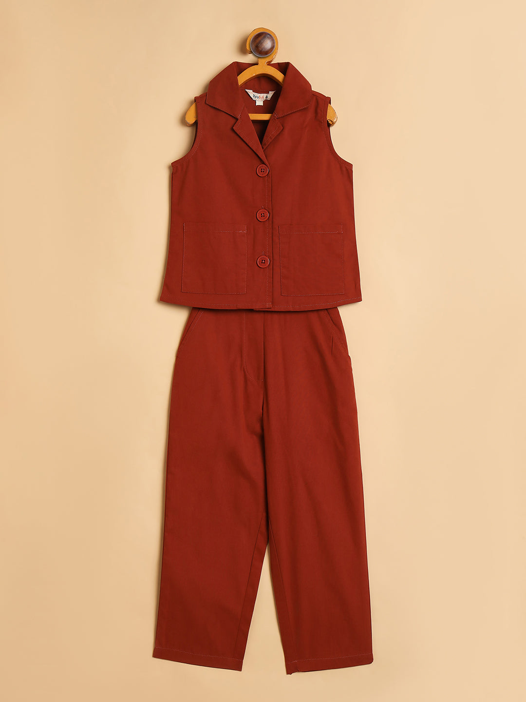 Girls Ankle Length Solid Top With Pants - Rust