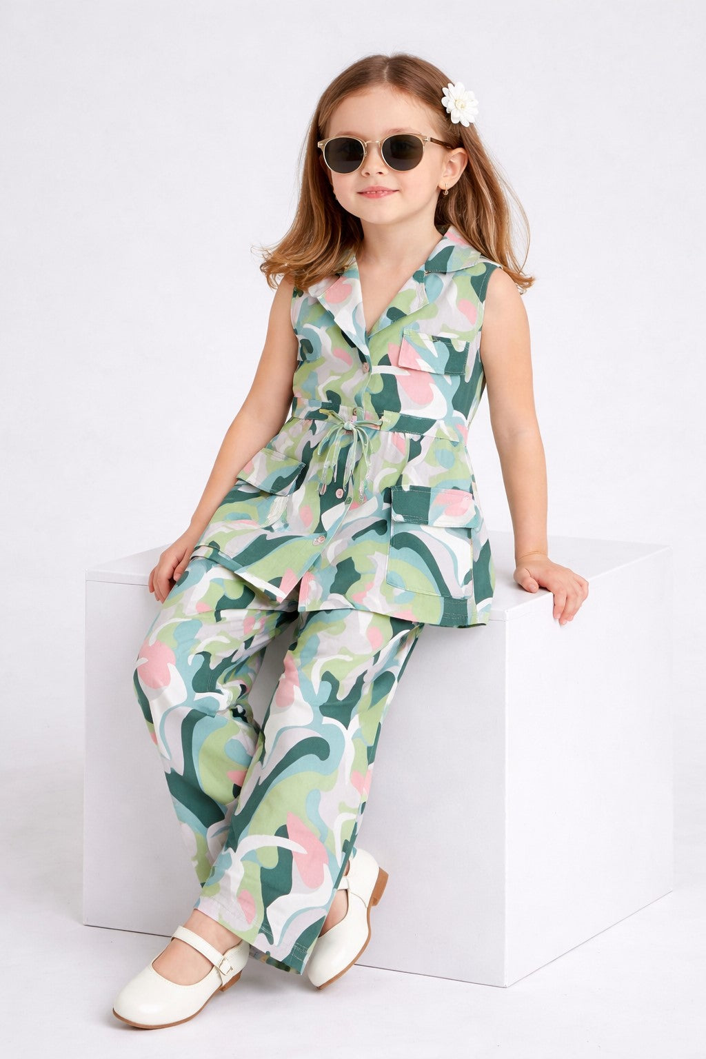 Girls Ankle Length All over Print Top With Pants - Green