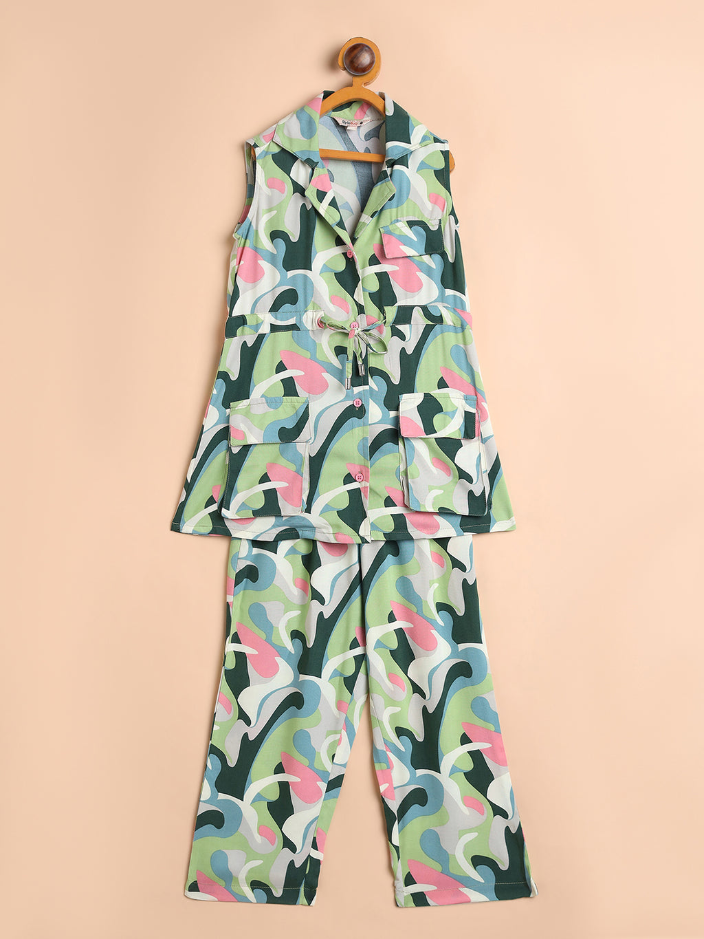 Girls Ankle Length All over Print Top With Pants - Green