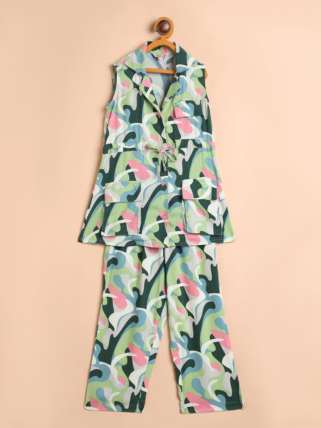 Girls Ankle Length All over Print Top With Pants - Green