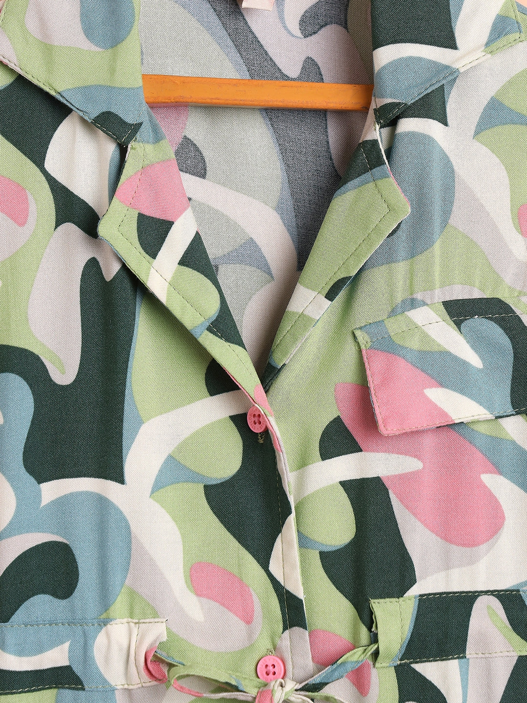 Girls Ankle Length All over Print Top With Pants - Green