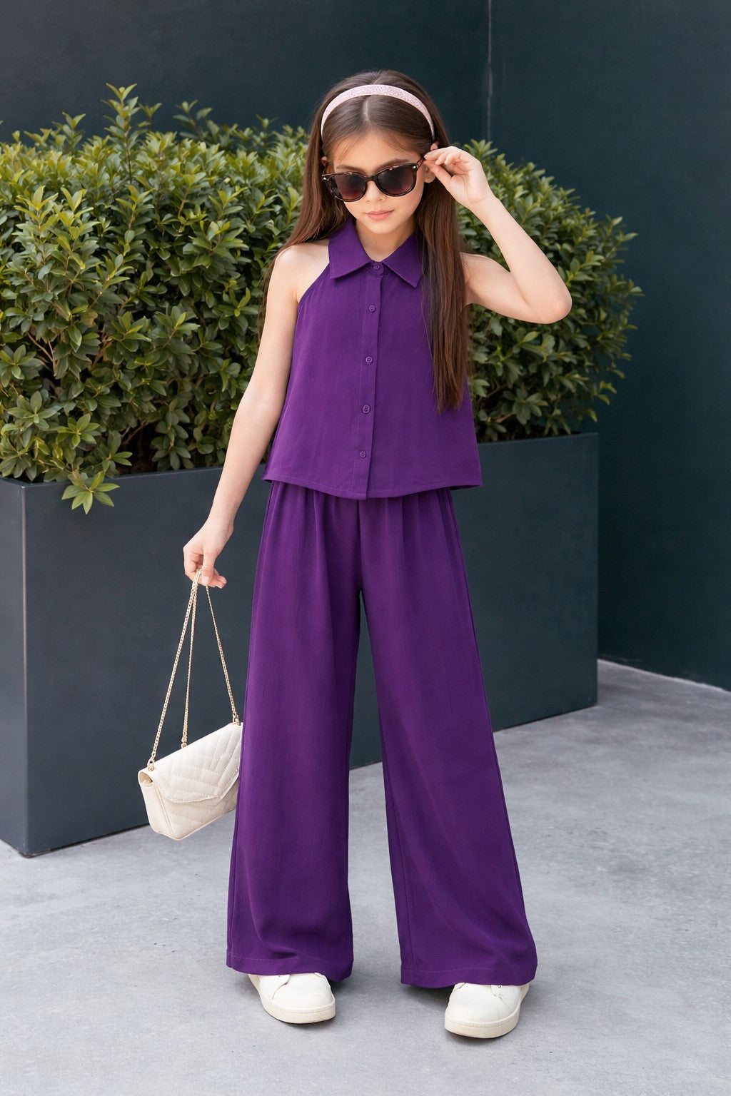 Girls Ankle Length Solid Top With Pants - Purple