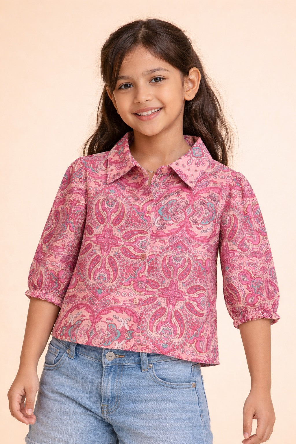 Girls Waist Length All over Print Top - Pink