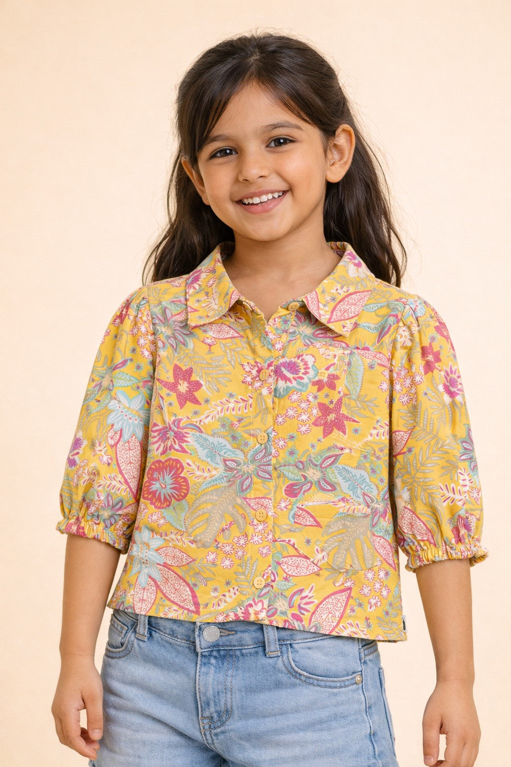 Girls Waist Length All over Print Top - Yellow
