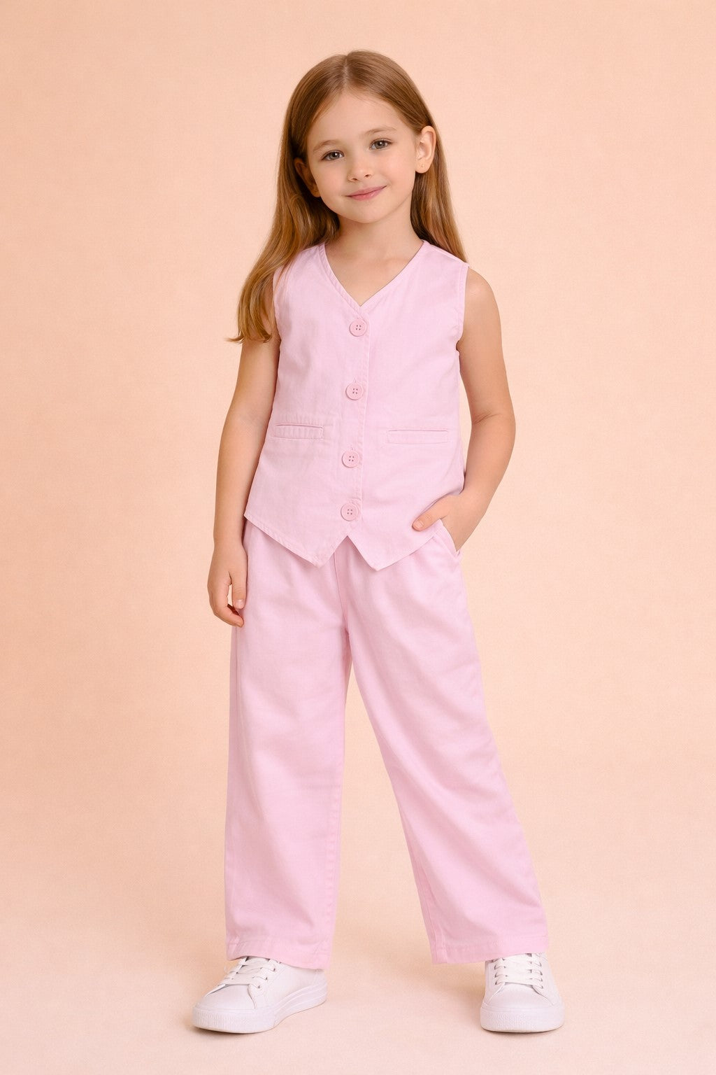 Girls High Hips Solid Top With Pants - Pink