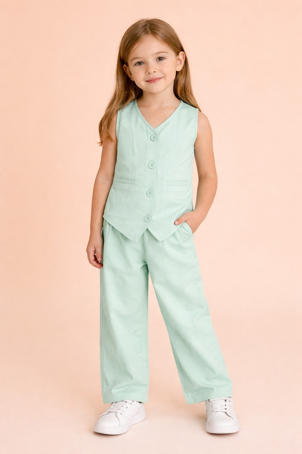 Girls High Hips Solid Top With Pants - Green