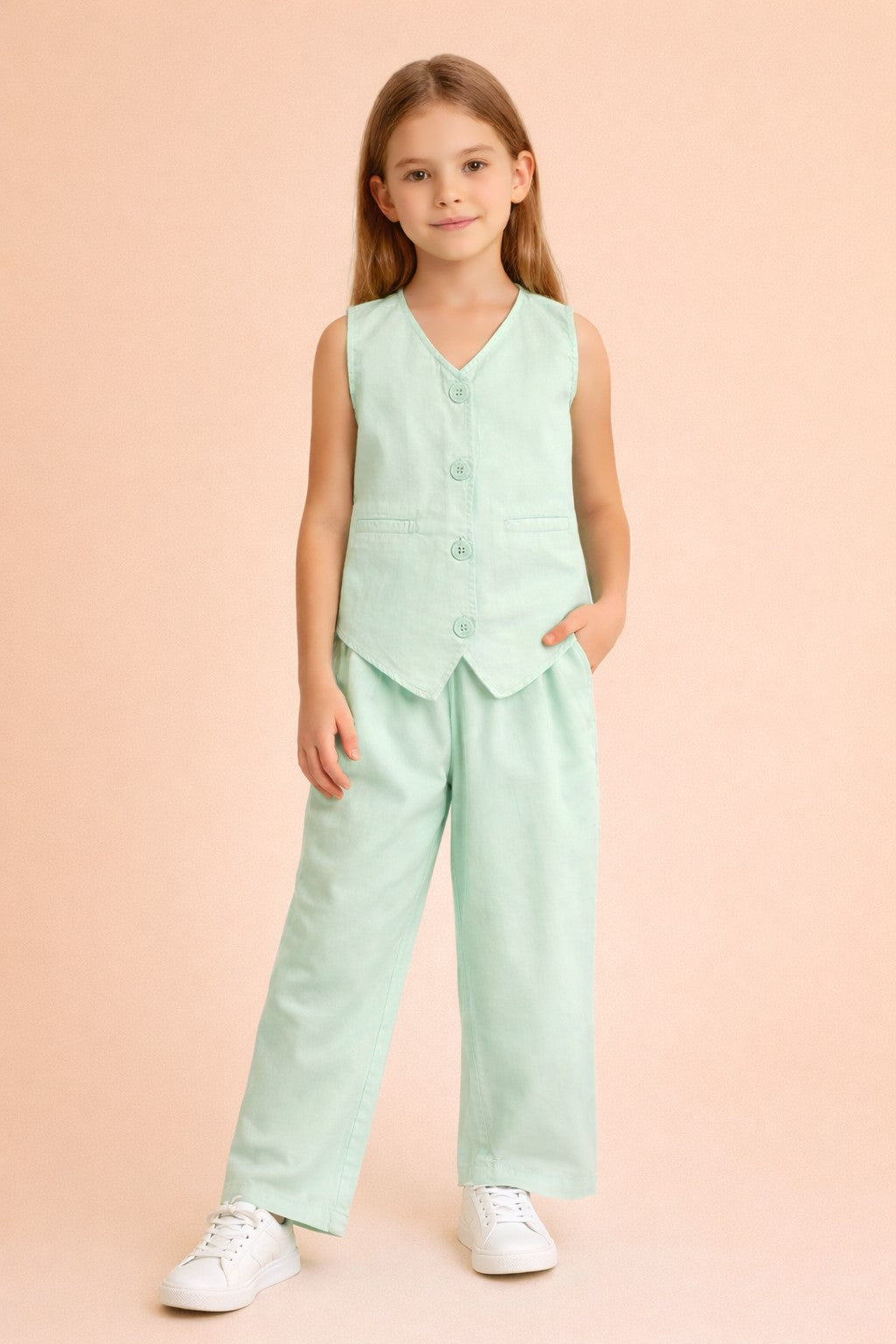 Girls High Hips Solid Top With Pants - Green
