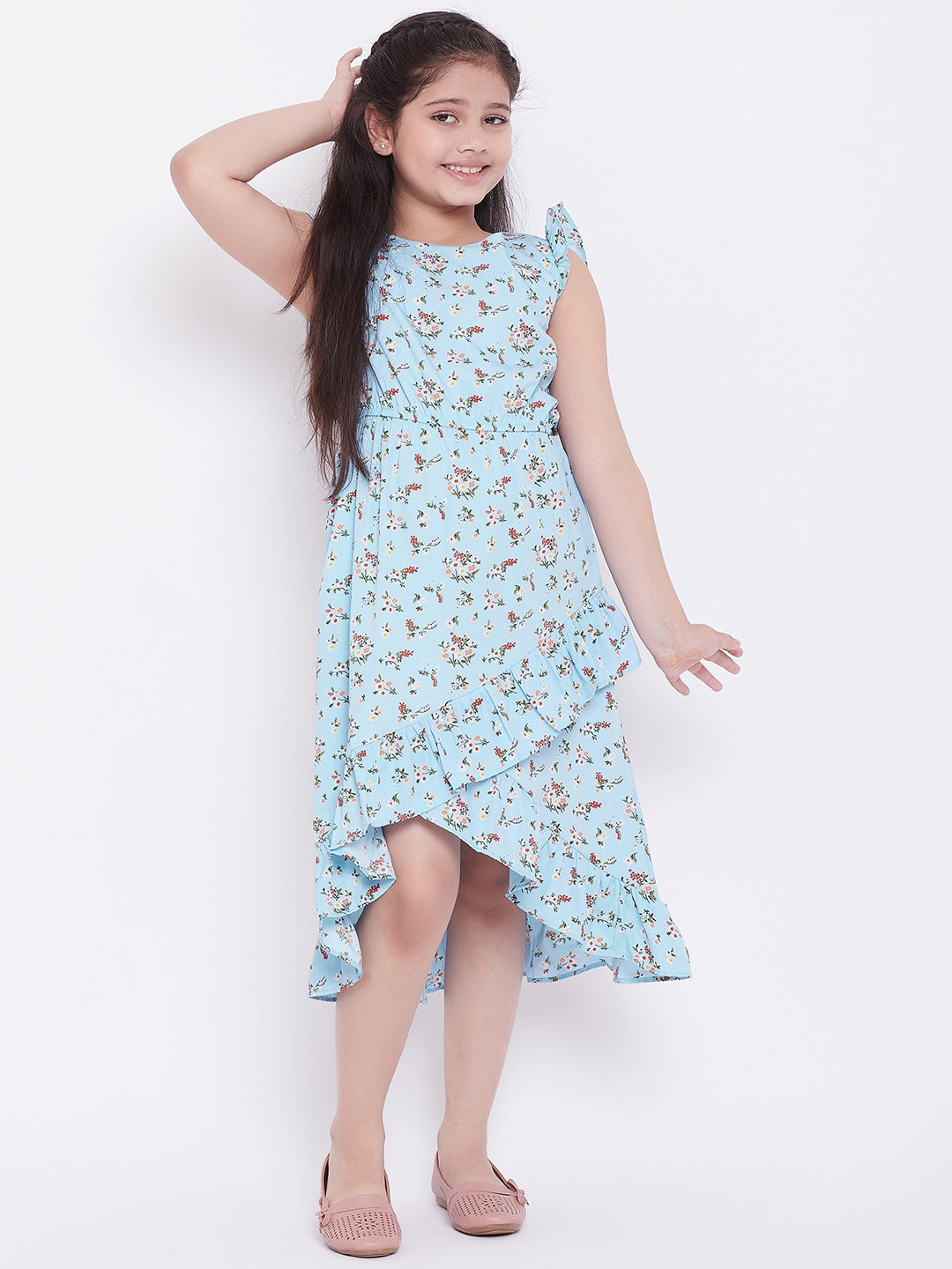Girls Knee Length Printed Dress - Blue