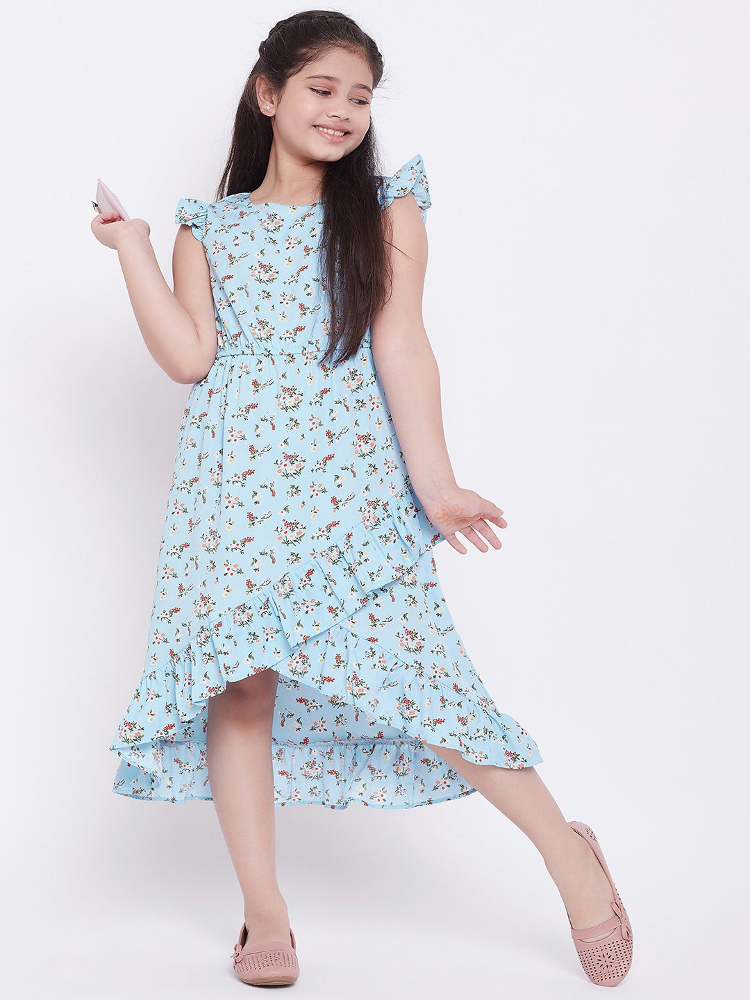 Girls Knee Length Printed Dress - Blue