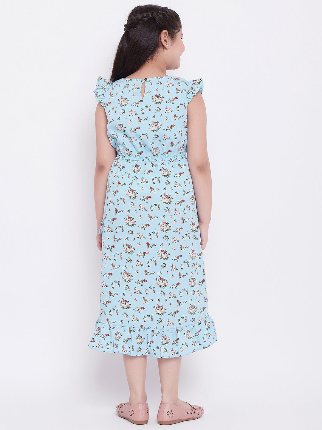 Girls Knee Length Printed Dress - Blue