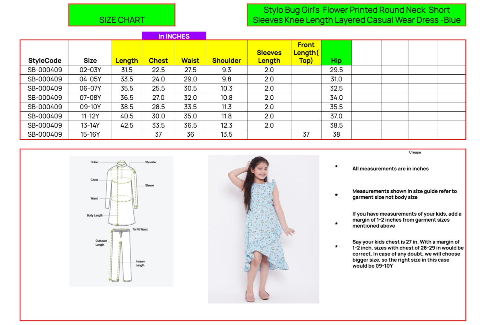 Girls Knee Length Printed Dress - Blue