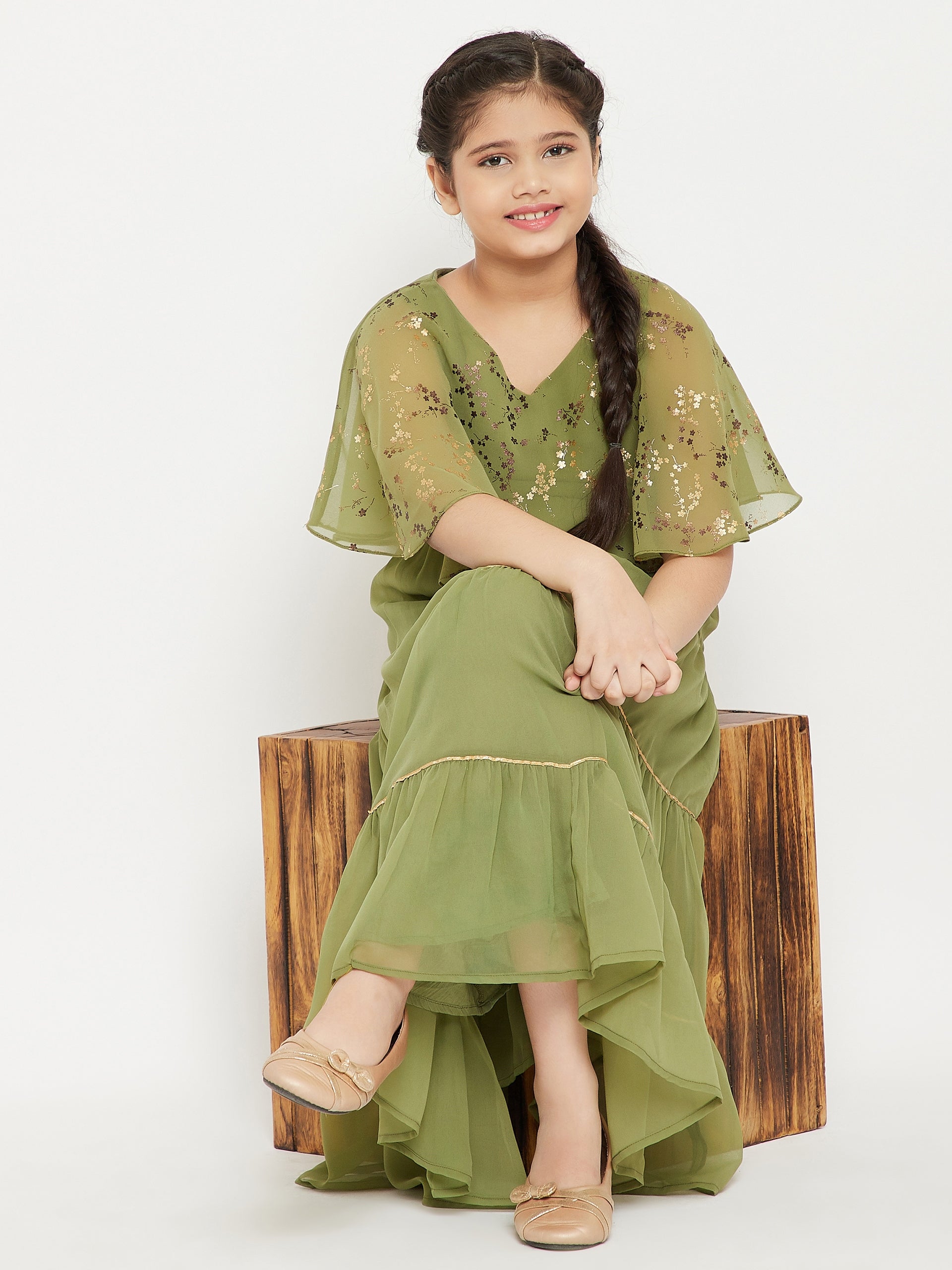 Girls Ankle Length Solid Dress - Green