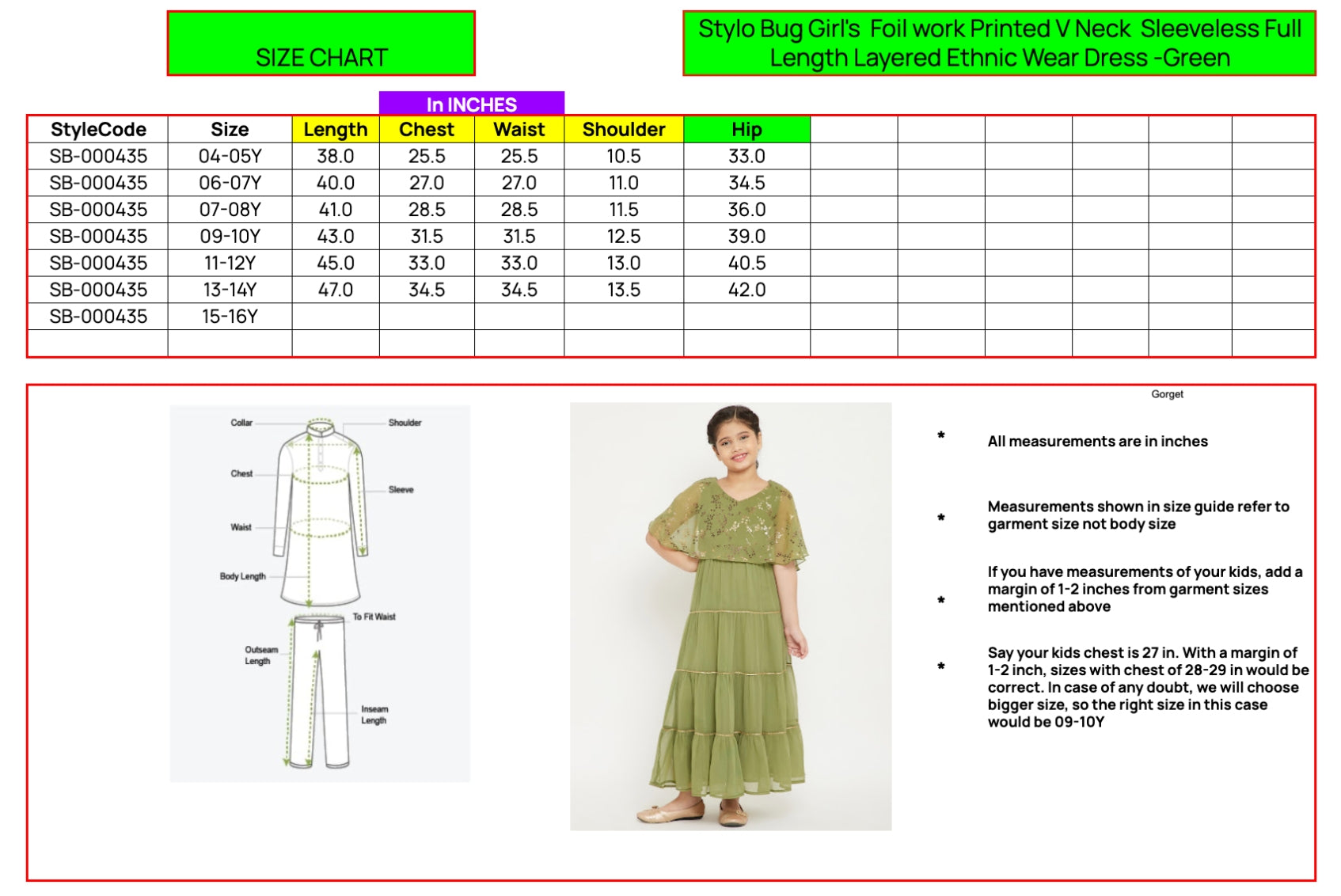 Girls Ankle Length Solid Dress - Green