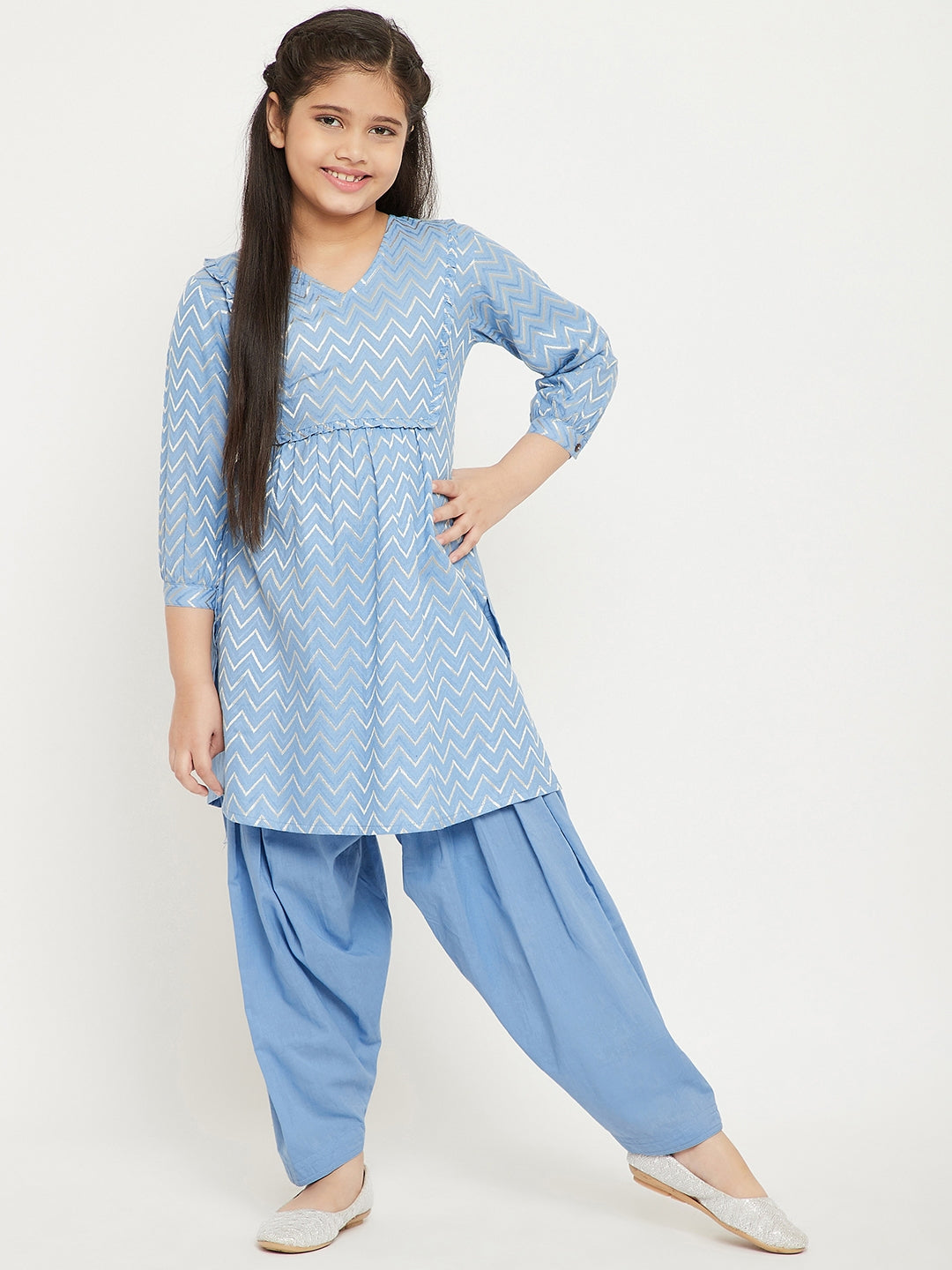 Girls Knee Length Embroidery Kurti Set - Blue