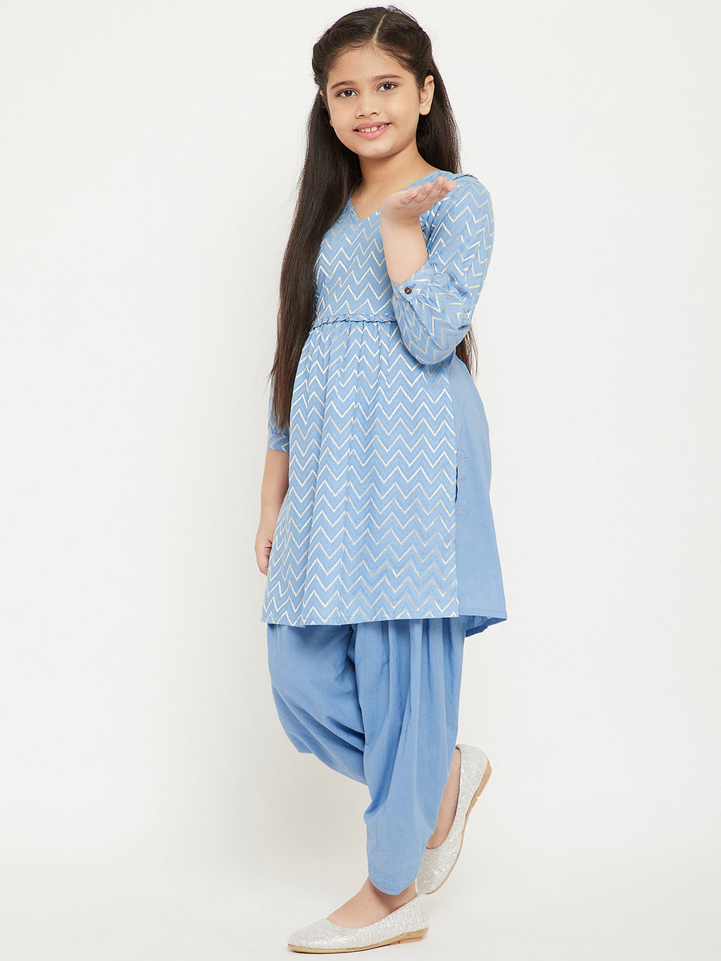 Girls Knee Length Embroidery Kurti Set - Blue