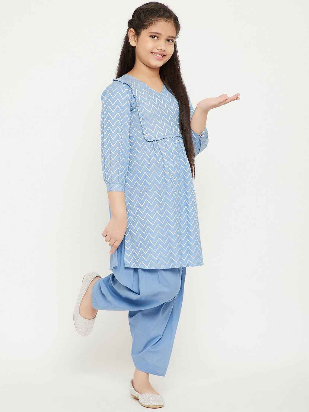 Girls Knee Length Embroidery Kurti Set - Blue