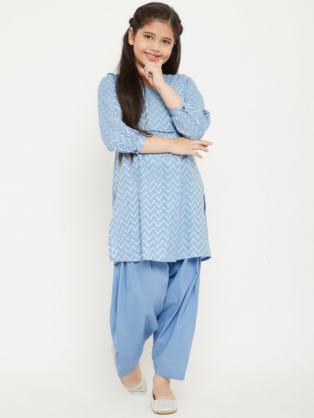 Girls Knee Length Embroidery Kurti Set - Blue