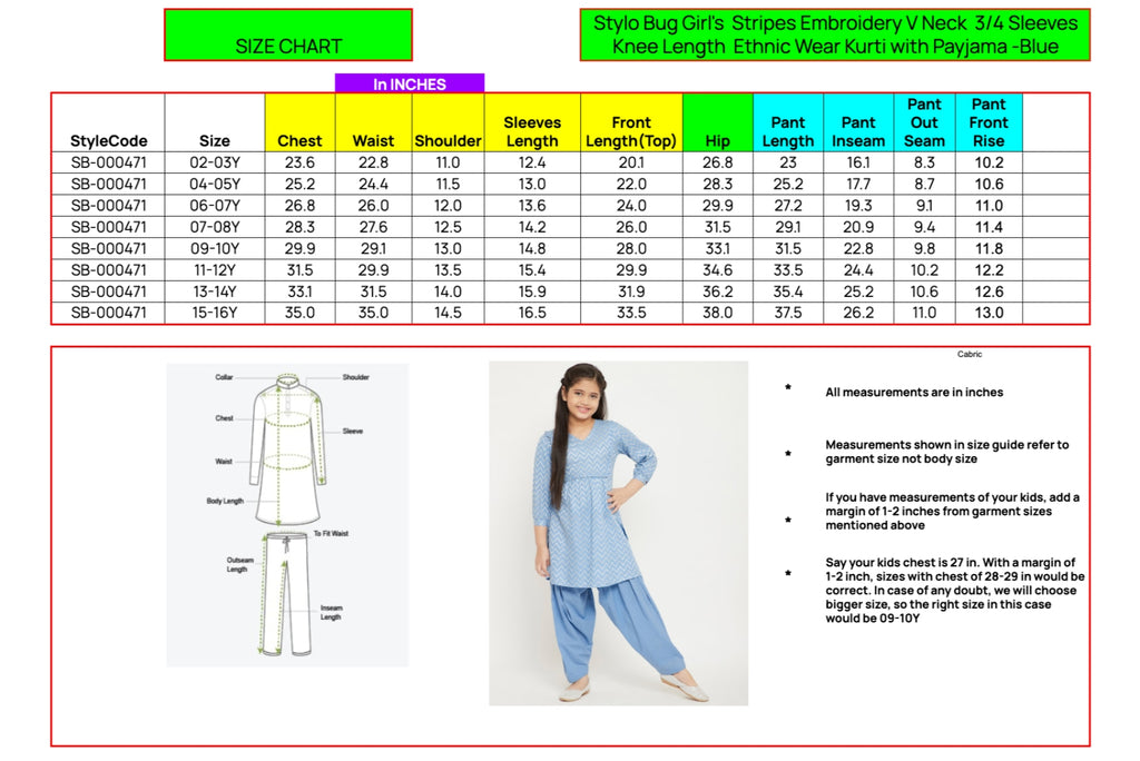 Girls Knee Length Embroidery Kurti Set - Blue