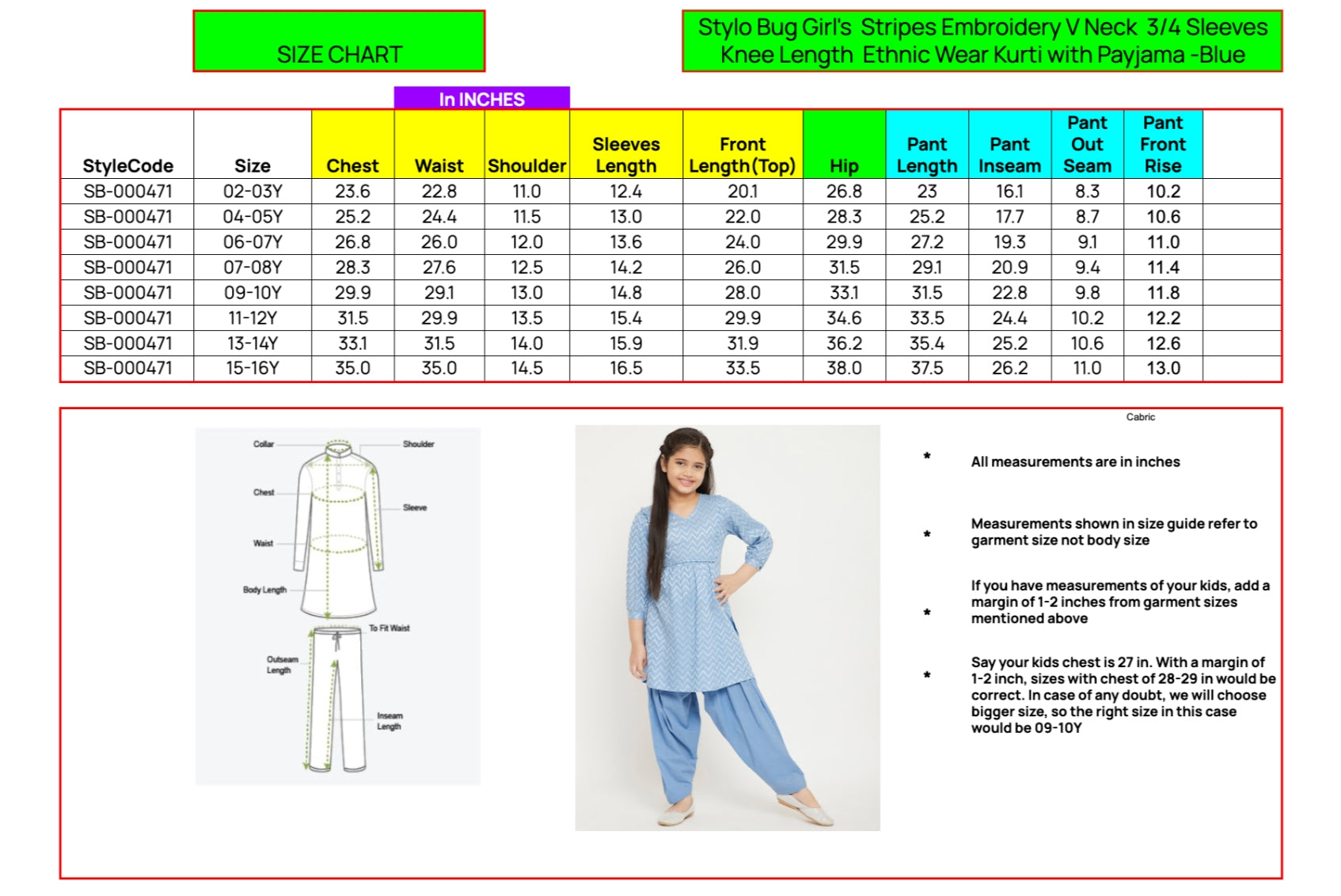 Girls Knee Length Embroidery Kurti Set - Blue