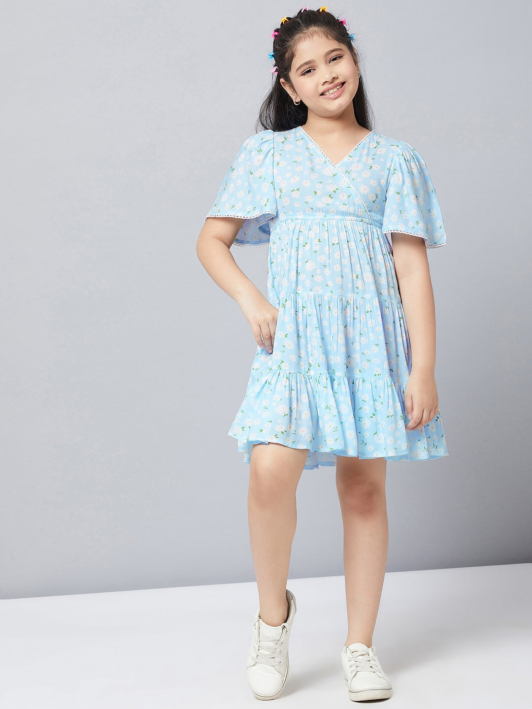 Girls Knee Length Printed Dress - Blue