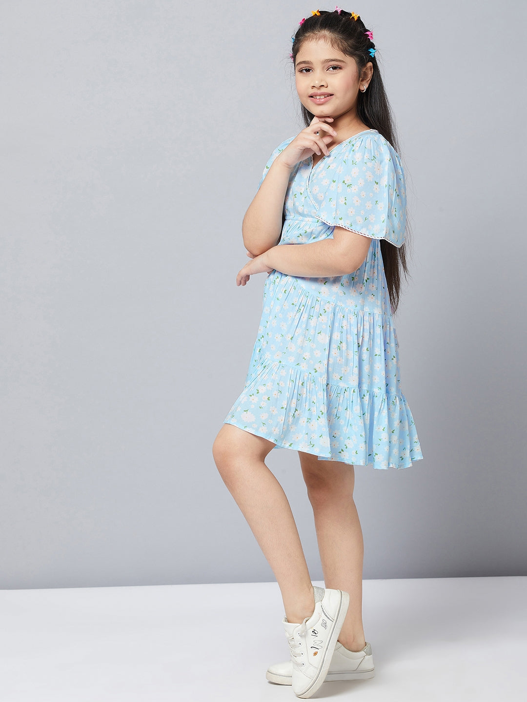 Girls Knee Length Printed Dress - Blue